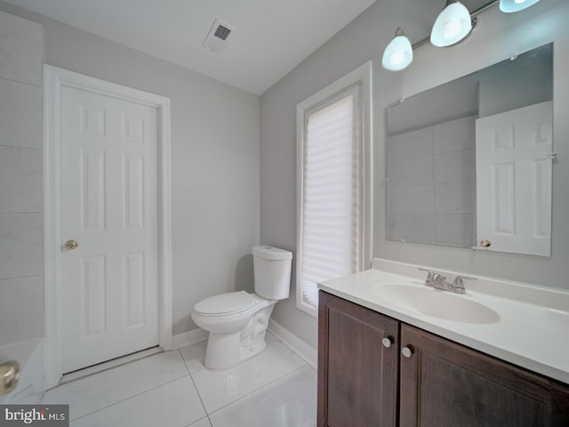 full bath with tile patterned flooring, visible vents, baseboards, toilet, and vanity