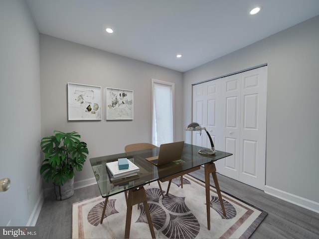 office with recessed lighting, baseboards, and wood finished floors