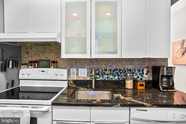 kitchen with white cabinetry, white electric range, and a sink