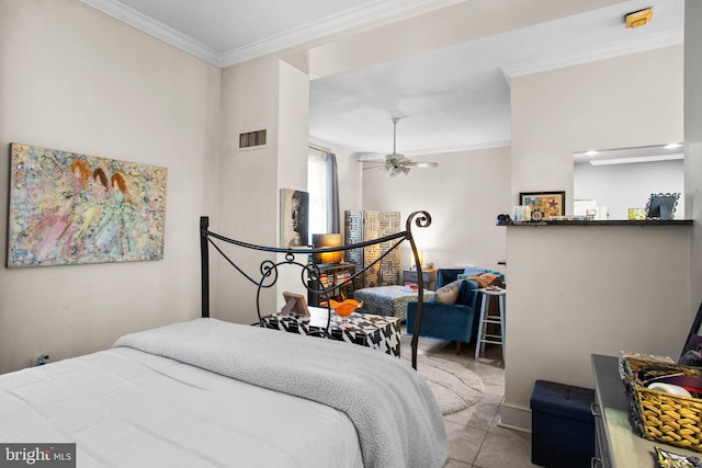 tiled bedroom featuring visible vents and ornamental molding