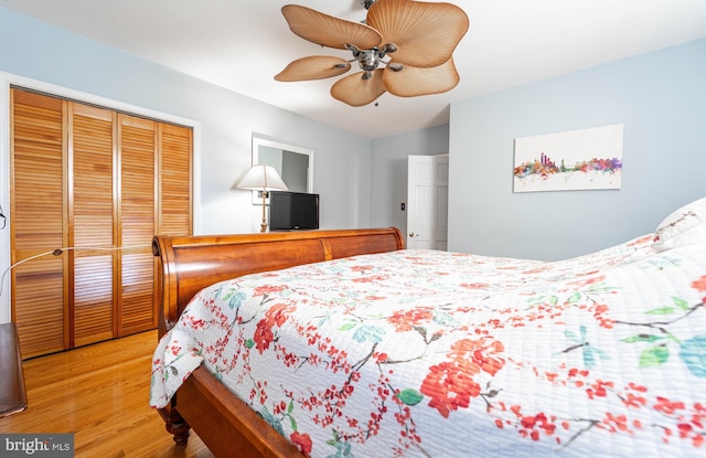 bedroom with ceiling fan, a closet, and light wood-style flooring