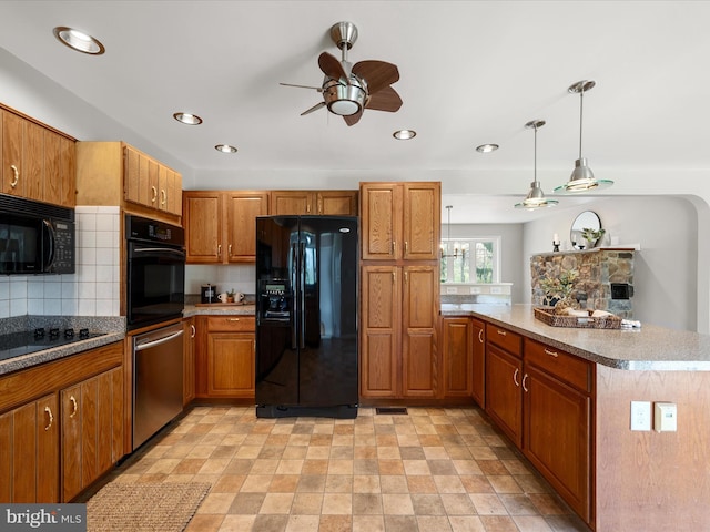kitchen with a peninsula, a ceiling fan, black appliances, recessed lighting, and brown cabinets