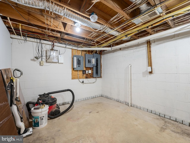 unfinished below grade area with electric panel and concrete block wall