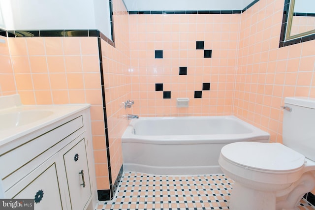 full bath with a washtub, a shower, tile walls, toilet, and vanity