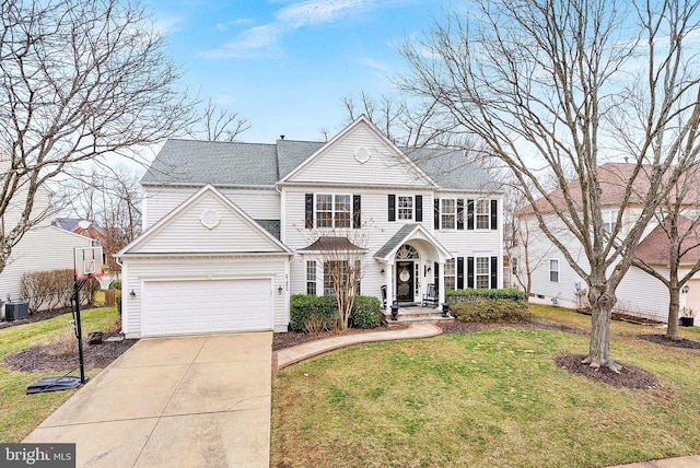 view of front of house featuring a garage, concrete driveway, a shingled roof, and a front lawn