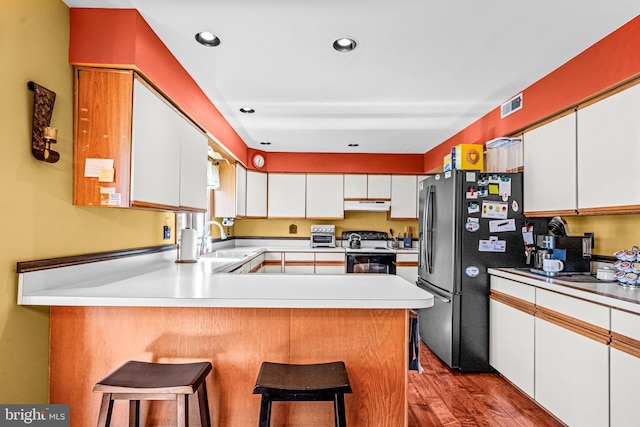 kitchen with visible vents, under cabinet range hood, electric stove, freestanding refrigerator, and a sink