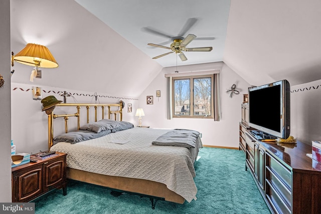 bedroom featuring lofted ceiling, a ceiling fan, baseboards, and carpet floors