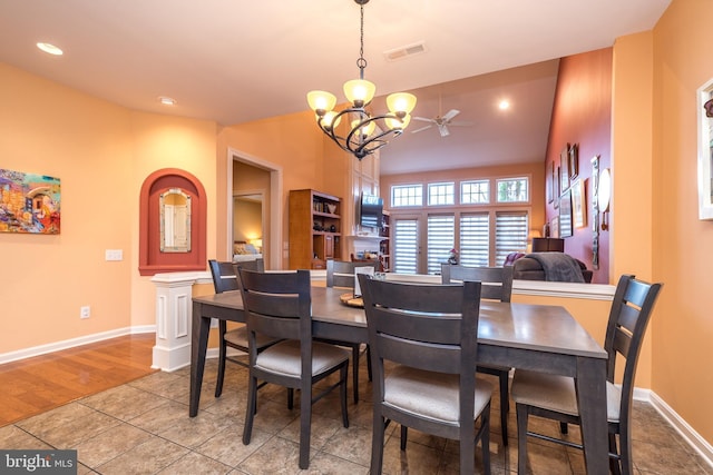 tiled dining room with baseboards, recessed lighting, visible vents, and an inviting chandelier