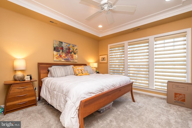 bedroom featuring recessed lighting, carpet floors, visible vents, baseboards, and crown molding