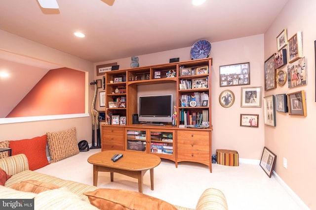 living area with baseboards, carpet flooring, a ceiling fan, and recessed lighting