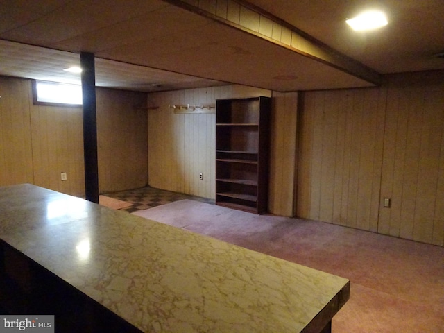 below grade area with carpet flooring and wood walls