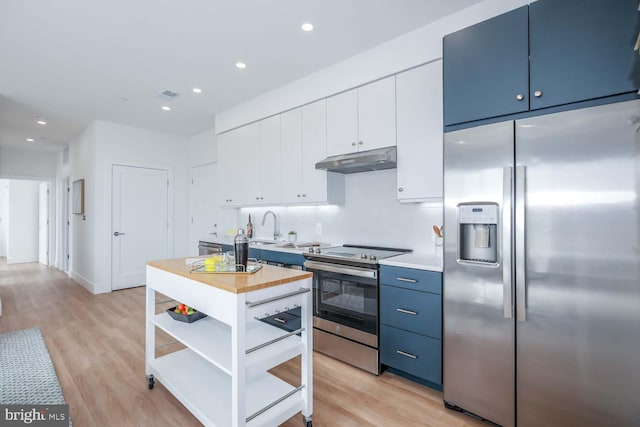 kitchen with open shelves, appliances with stainless steel finishes, white cabinetry, blue cabinets, and under cabinet range hood