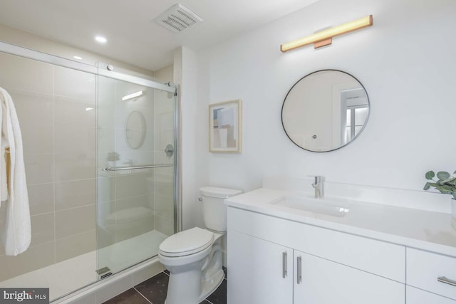 bathroom featuring a stall shower, visible vents, vanity, and toilet