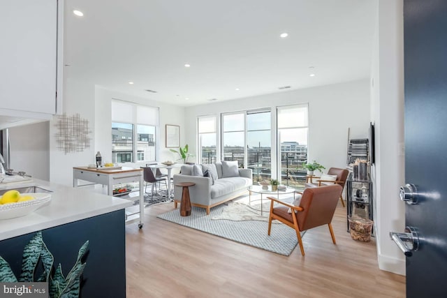 living room featuring light wood-style floors and recessed lighting