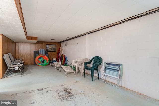 finished basement featuring concrete block wall and wood walls