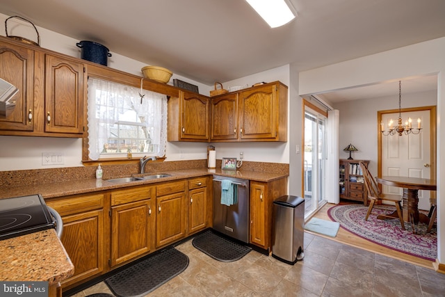 kitchen with a sink, a healthy amount of sunlight, brown cabinetry, and dishwasher