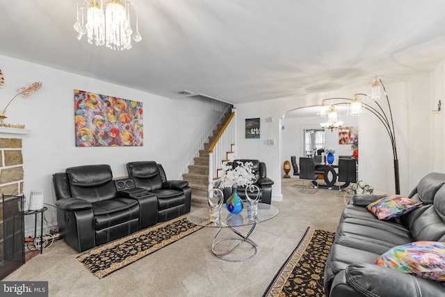 living area featuring visible vents, stairway, carpet floors, arched walkways, and an inviting chandelier