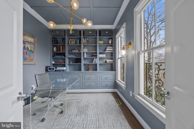 office space with baseboards, a healthy amount of sunlight, dark wood-style flooring, and crown molding