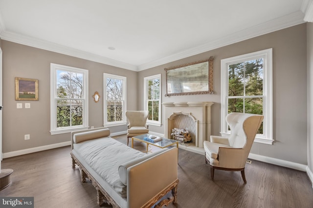 sitting room featuring crown molding, baseboards, and wood finished floors