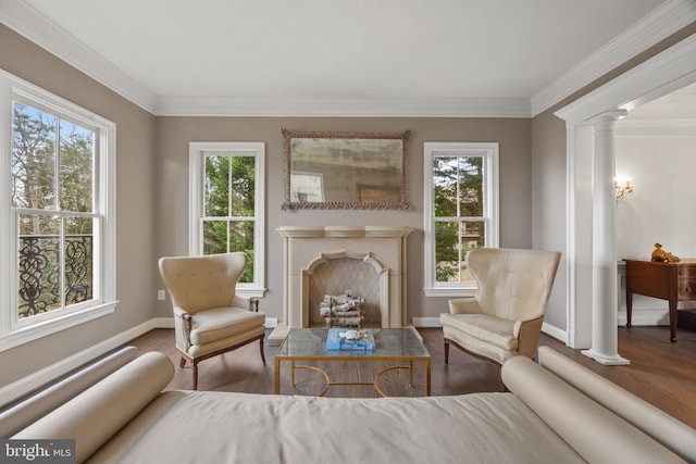 sitting room with a wealth of natural light, decorative columns, wood finished floors, and a fireplace