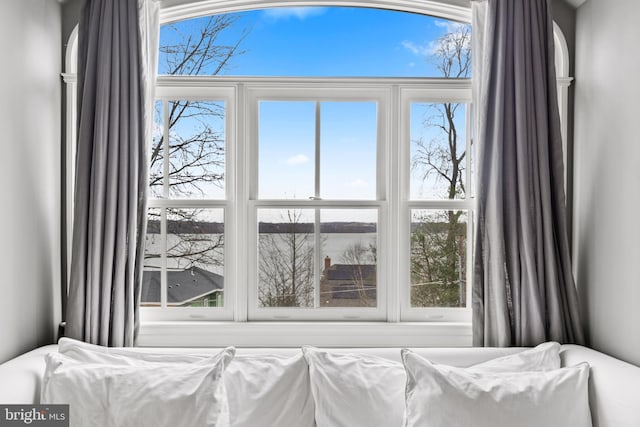 bedroom with multiple windows and a water view