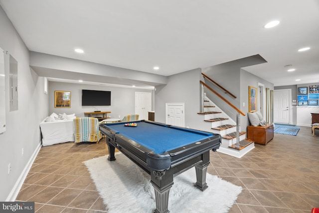 recreation room featuring recessed lighting, baseboards, electric panel, and billiards