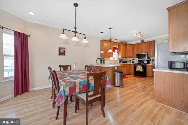 dining room featuring light wood-style flooring, ornamental molding, and baseboards