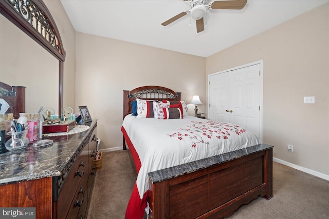 bedroom with carpet floors, a ceiling fan, and baseboards