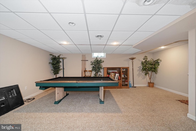 rec room featuring a paneled ceiling, recessed lighting, carpet floors, visible vents, and baseboards