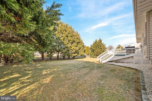 view of yard with fence and a wooden deck