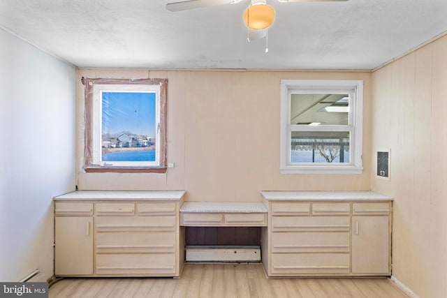 interior space featuring a ceiling fan, wood finished floors, and a baseboard radiator