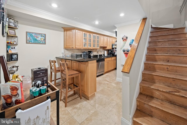 kitchen featuring a breakfast bar area, light brown cabinets, ornamental molding, glass insert cabinets, and stainless steel dishwasher