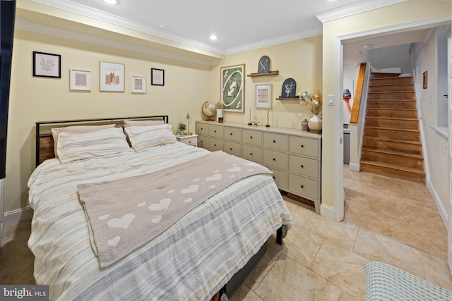 bedroom featuring recessed lighting, baseboards, ornamental molding, and light tile patterned floors