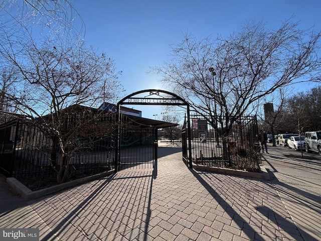 view of gate with a fenced front yard