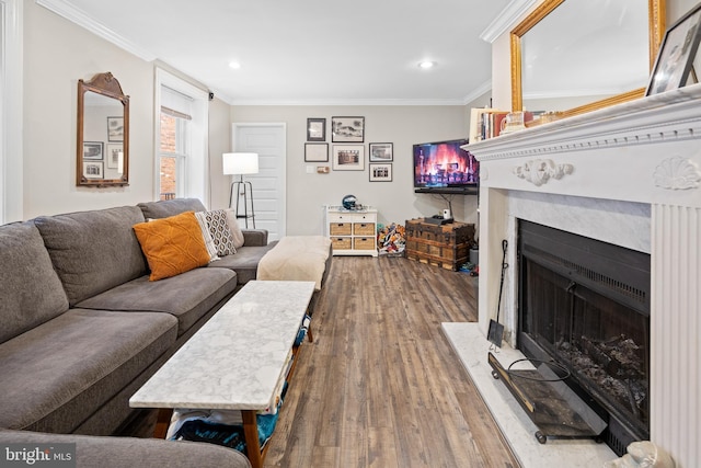 living room with a fireplace with raised hearth, wood finished floors, and ornamental molding