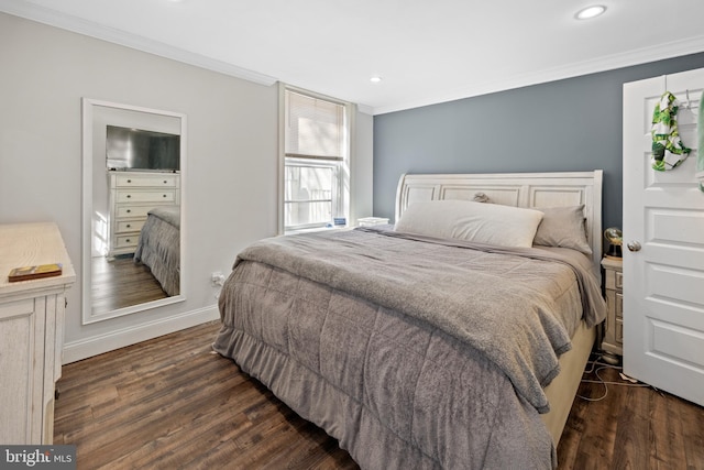 bedroom featuring recessed lighting, baseboards, wood finished floors, and ornamental molding