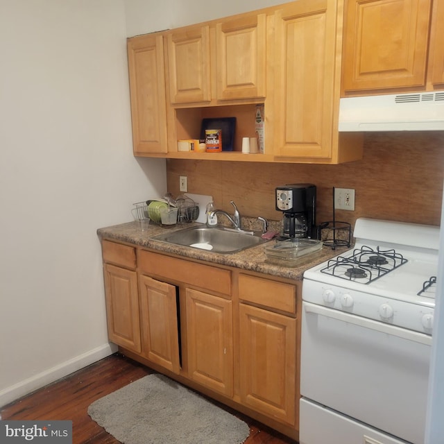 kitchen featuring baseboards, dark wood-type flooring, white gas range, under cabinet range hood, and a sink