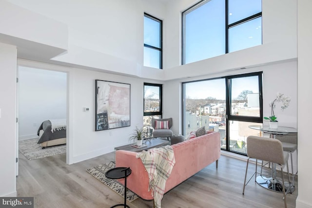 living room with a high ceiling, wood finished floors, and baseboards