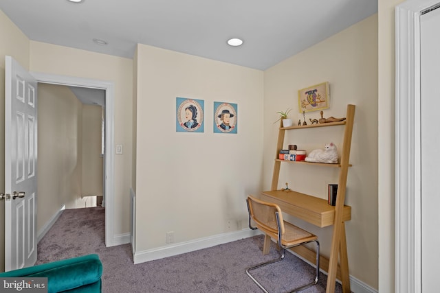 carpeted office space featuring recessed lighting and baseboards