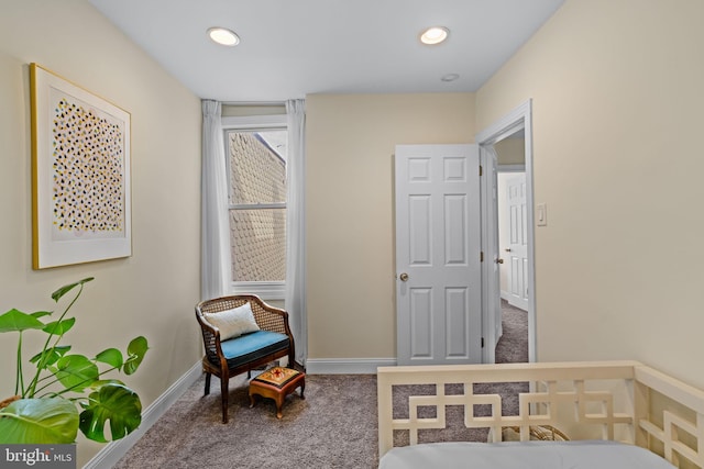 bedroom with carpet floors, recessed lighting, and baseboards