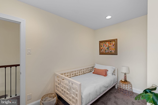 bedroom with carpet floors, recessed lighting, and baseboards