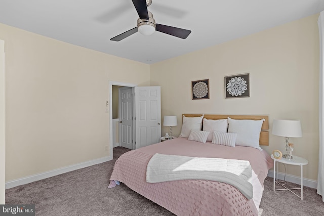 bedroom featuring ceiling fan, baseboards, and carpet flooring