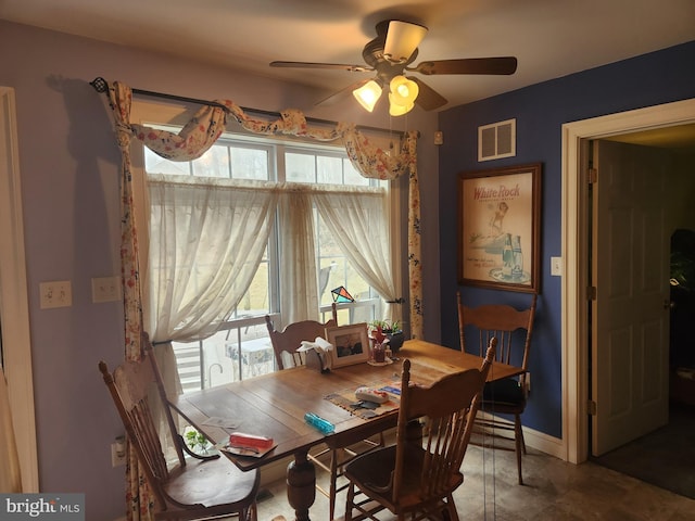 dining room with a ceiling fan, visible vents, and baseboards