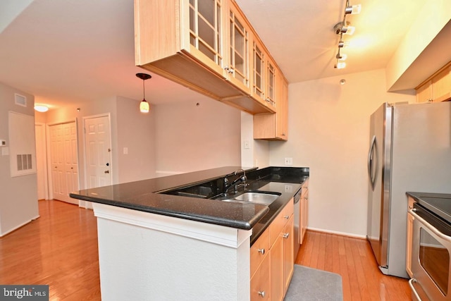 kitchen featuring light wood-style flooring, a sink, stainless steel appliances, a peninsula, and glass insert cabinets