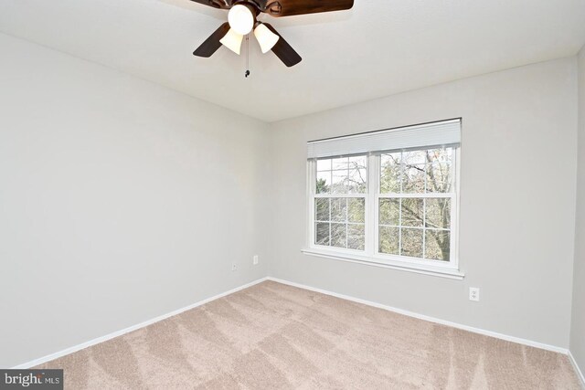 empty room featuring ceiling fan, baseboards, and carpet floors