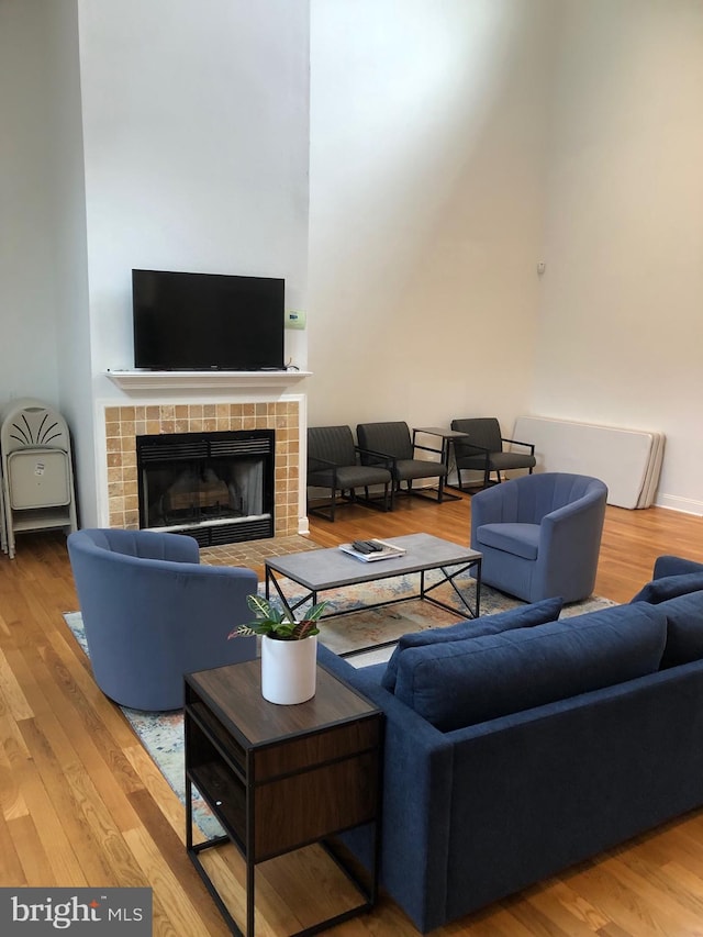 living area with a tiled fireplace and wood finished floors