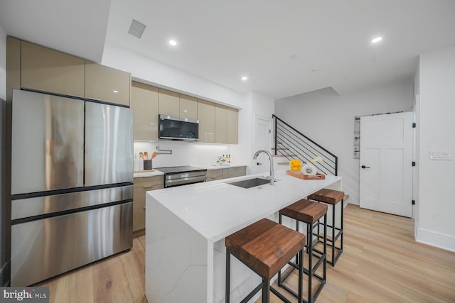 kitchen featuring light wood-style floors, visible vents, appliances with stainless steel finishes, and a sink