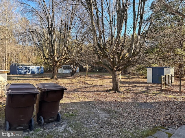 view of yard featuring an outbuilding and a storage shed