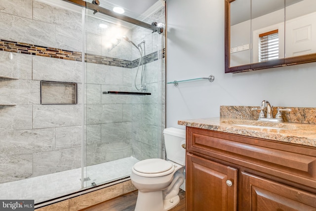 full bathroom with a stall shower, toilet, and vanity