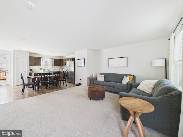 living room with light wood-style floors, light colored carpet, and baseboards